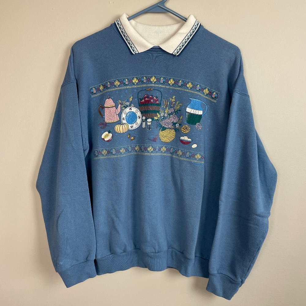 Vintage Woman’s 90s Morning Sun Sweatshirt Large Collared Picnic Made in USA